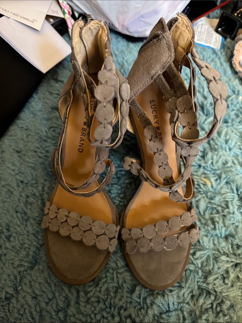 Lucky Brand Taupe Floral Suede Heeled Sandals